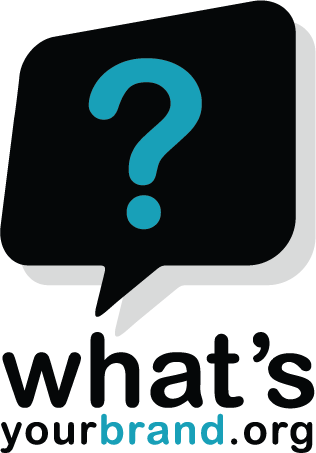 What's Your Brand logo (black rounded square speech bubble with teal question mark in the middle and what'syourbrand.org written below)